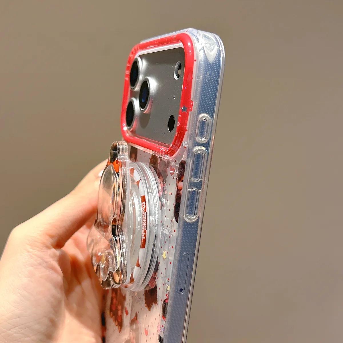 Monchhichi Clear Glitter Fill Red Rim With 3D Charm Phone Case for iPhone 17 16 15 14 13 Pro Max — MagSafe